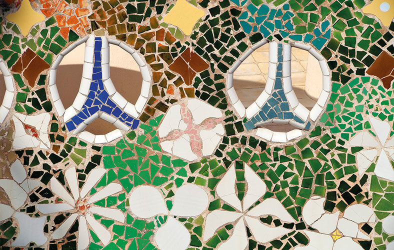 Detail of trencadís mosaic in the garden wall