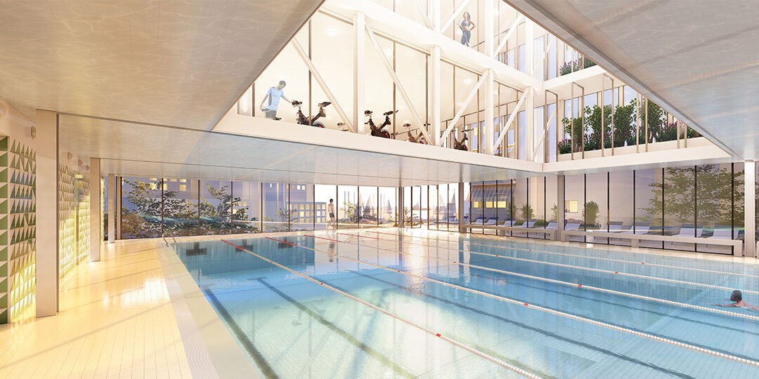 S'Aigua Dolça Sports Equipment, pool with gym mezzanine